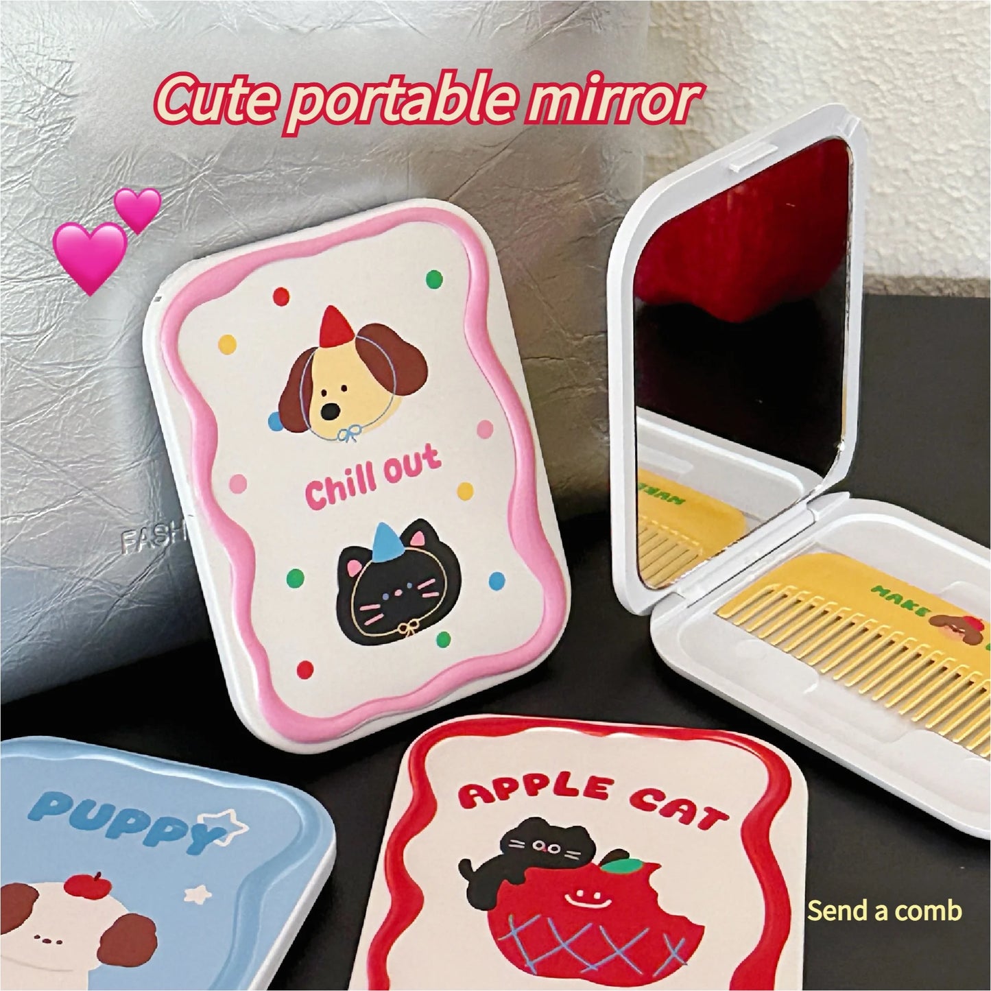 1/4 Pcs Cute little mirror, girl's portable mini makeup mirror, foldable makeup mirror, creative mirror comb