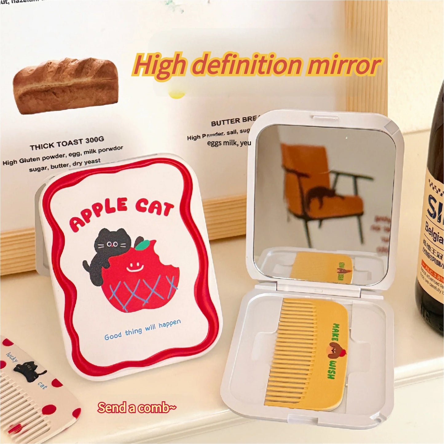 1/4 Pcs Cute little mirror, girl's portable mini makeup mirror, foldable makeup mirror, creative mirror comb